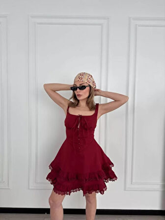 Fırfırlı Askılı Mini Elbise - Bordo