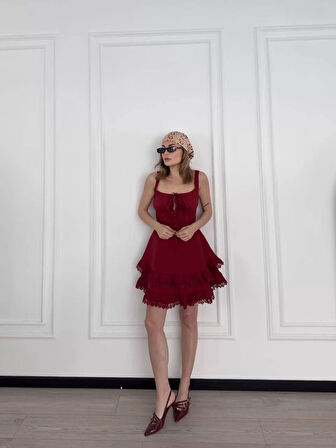 Fırfırlı Askılı Mini Elbise - Bordo