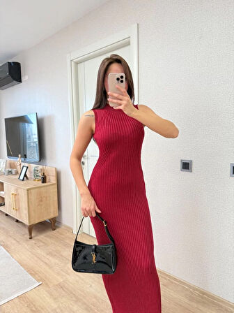Fitilli Triko Elbise Maxi Uzun boy - Bordo