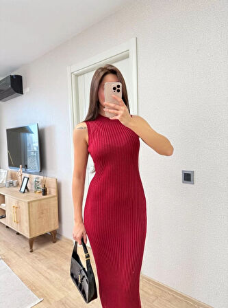 Fitilli Triko Elbise Maxi Uzun boy - Bordo