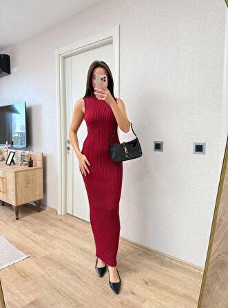 Fitilli Triko Elbise Maxi Uzun boy - Bordo