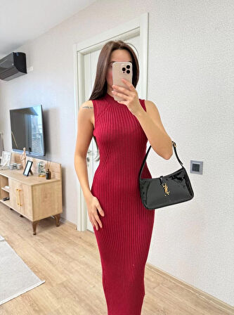 Fitilli Triko Elbise Maxi Uzun boy - Bordo
