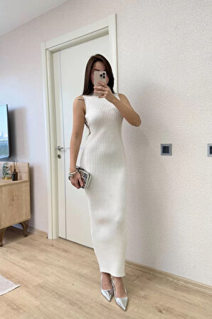 Fitilli Triko Elbise Maxi Uzun boy - Beyaz