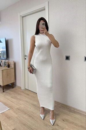 Fitilli Triko Elbise Maxi Uzun boy - Beyaz