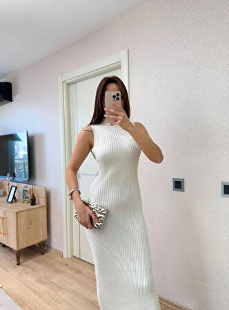 Fitilli Triko Elbise Maxi Uzun boy - Beyaz