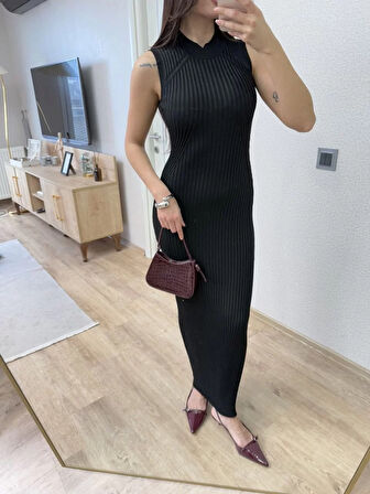Fitilli Triko Elbise Maxi Uzun boy - Siyah