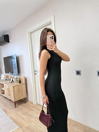 Fitilli Triko Elbise Maxi Uzun boy - Siyah