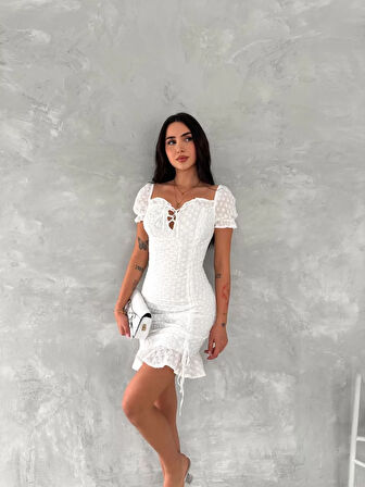Göğüs Bağlamalı Mini Elbise - Beyaz