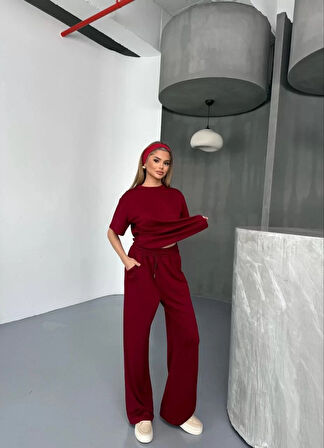 Osy Modal Yumuşak Dokulu Kumaş   Kısa Kollu Bluz Rahat Pantalon ikili Takım- Bordo