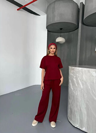 Osy Modal Yumuşak Dokulu Kumaş   Kısa Kollu Bluz Rahat Pantalon ikili Takım- Bordo