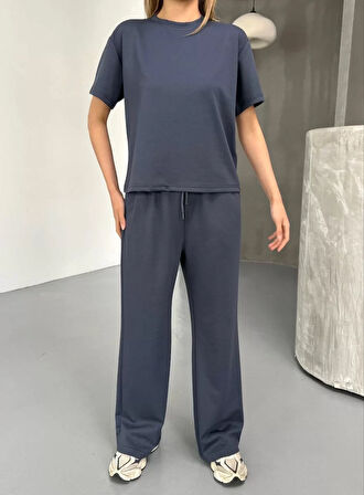 Osy Modal Yumuşak Dokulu Kumaş Kısa Kollu Bluz Rahat Pantalon ikili Takım- Füme