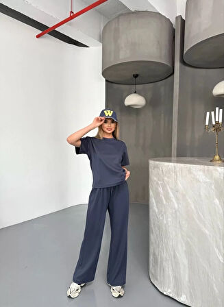 Osy Modal Yumuşak Dokulu Kumaş Kısa Kollu Bluz Rahat Pantalon ikili Takım- Füme