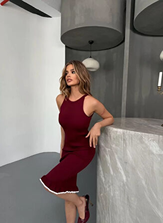 Fırfır Detaylı Triko Elbise- Bordo