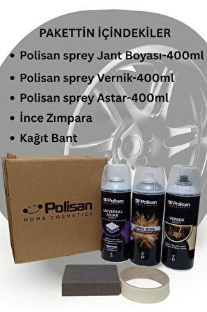Oto Jant Gri Sprey Boya,Unıversal Astar Sprey,Parlak Vernik Sprey,3lü Jant Boyama Sprey Seti