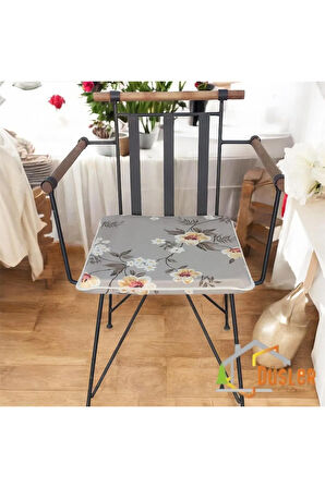40x40 Çiçek Desenli Açık Kahverengi Saten Fermuarlı Bağcıklı Krem Biyeli Sandalye Minderi 4 cm