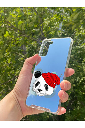 Samsung S21 Plus Uyumlu Aynalı Şapkalı Panda Desenli Darbe Kamera Korumalı Silikon Telefon Kılıfı