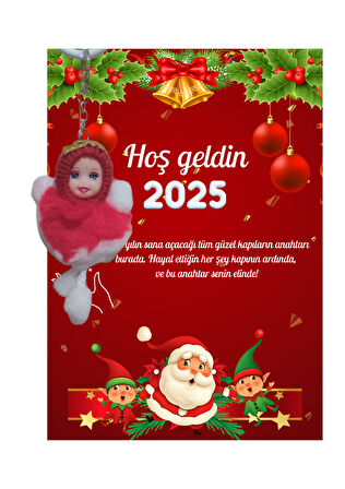 Yeni Yıl Noel Baba Kart Üzerinde Anahtarlık (Kişiye Özel Yazı Yazdırılabilir) Peluş Bebek 