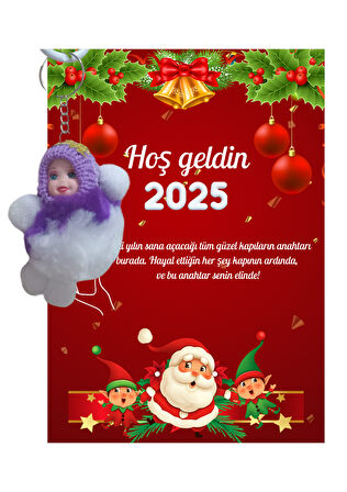 Yeni Yıl Noel Baba Kart Üzerinde Anahtarlık (Kişiye Özel Yazı Yazdırılabilir) Peluş Bebek 