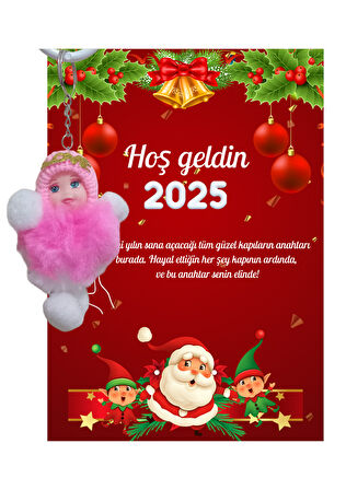 Yeni Yıl Noel Baba Kart Üzerinde Anahtarlık (Kişiye Özel Yazı Yazdırılabilir) Peluş Bebek 