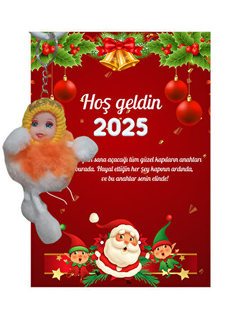 Yeni Yıl Noel Baba Kart Üzerinde Anahtarlık (Kişiye Özel Yazı Yazdırılabilir) Peluş Bebek 