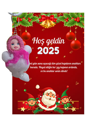 Yeni Yıl Noel Baba Kart Üzerinde Anahtarlık (Kişiye Özel Yazı Yazdırılabilir) Peluş Bebek 5 adet