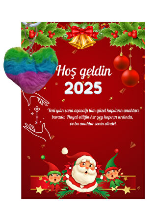 Yeni Yıl Noel Baba Kart Üzerinde Anahtarlık (Kişiye Özel Yazı Yazdırılabilir) Renkli Kalp