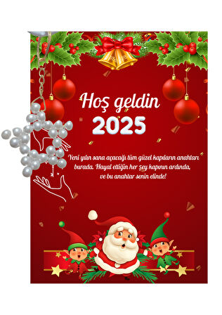 Yeni Yıl Noel Baba Kart Üzerinde Anahtarlık (Kişiye Özel Yazı Yazdırılabilir) Yıldız Model 5 Adet