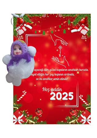 Yeni Yıl 2025 Kart Üzerinde Anahtarlık (Kişiye Özel Yazı Yazdırılabilir) Peluş Bebek 