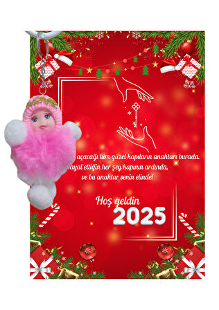 Yeni Yıl 2025 Kart Üzerinde Anahtarlık (Kişiye Özel Yazı Yazdırılabilir) Peluş Bebek 