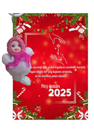 Yeni Yıl 2025 Kart Üzerinde Anahtarlık (Kişiye Özel Yazı Yazdırılabilir) Peluş Bebek 