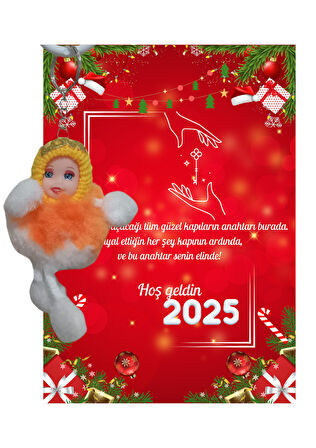 Yeni Yıl 2025 Kart Üzerinde Anahtarlık (Kişiye Özel Yazı Yazdırılabilir) Peluş Bebek 5 adet