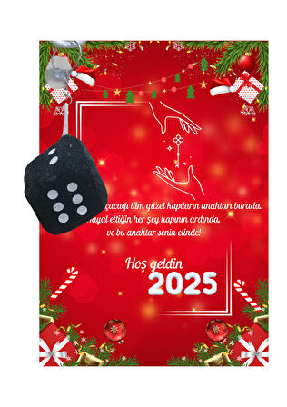 Yeni Yıl 2025 Kart Üzerinde Anahtarlık (Kişiye Özel Yazı Yazdırılabilir) Zar Model 5 Adet