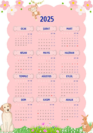 2025 Takvimi Kişiye Özel Kanguru-Köpek-Maymun Detaylı Tasarım