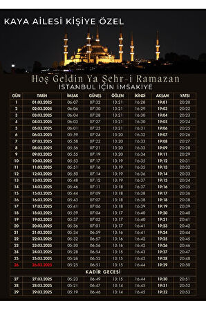 Ramazan İmsakiyesi Modern Kişiye Özel Tasarımlı Dijital Baskı 1 Adet A4 300 gr Model 28