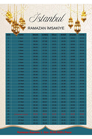 Ramazan İmsakiyesi Modern Kişiye Özel Tasarımlı Dijital Baskı 1 Adet A4 300 gr Model 31