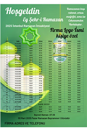 Ramazan İmsakiyesi Modern Kişiye Özel Tasarımlı Dijital Baskı 6 Adet A4 300 gr Model 19