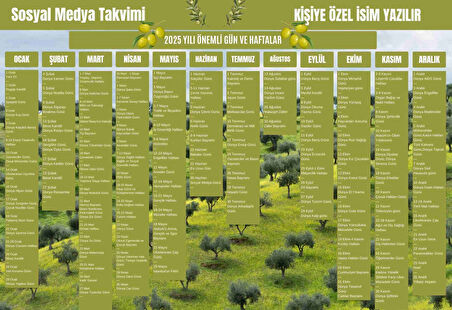 2025 Kişiye Özel Sosyal Medya Takvimi - Özel Günlerle Dolu Eğlenceli Duvar Afişi Zeytin