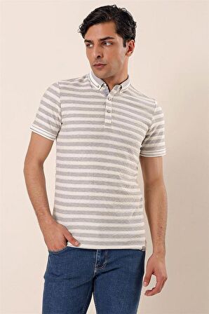 Kısa Kollu Çizgili JakarlıGarnili Pamuklu Casual Slim Fit T-Shirt 1011230159 Gri