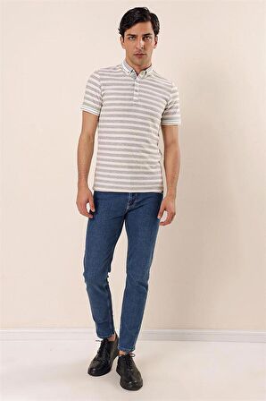 Kısa Kollu Çizgili JakarlıGarnili Pamuklu Casual Slim Fit T-Shirt 1011230159 Gri