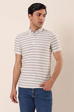 Kısa Kollu Çizgili JakarlıGarnili Pamuklu Casual Slim Fit T-Shirt 1011230159 Gri