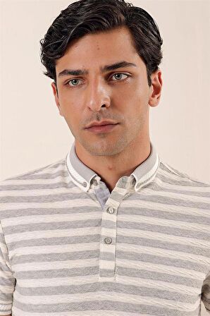 Kısa Kollu Çizgili JakarlıGarnili Pamuklu Casual Slim Fit T-Shirt 1011230159 Gri