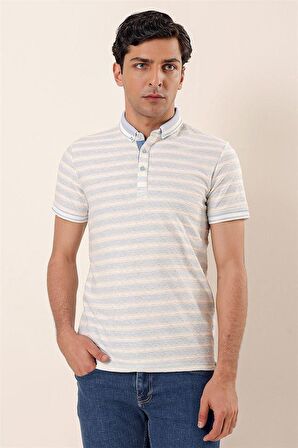 Kısa Kollu Çizgili JakarlıGarnili Pamuklu Casual Slim Fit T-Shirt 1011230159 Koyu Mavi