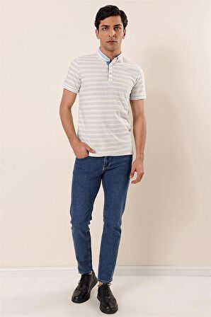 Kısa Kollu Çizgili JakarlıGarnili Pamuklu Casual Slim Fit T-Shirt 1011230159 Koyu Mavi