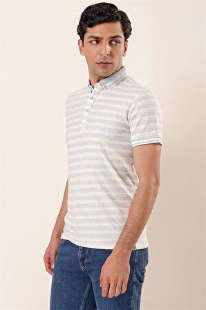 Kısa Kollu Çizgili JakarlıGarnili Pamuklu Casual Slim Fit T-Shirt 1011230159 Koyu Mavi