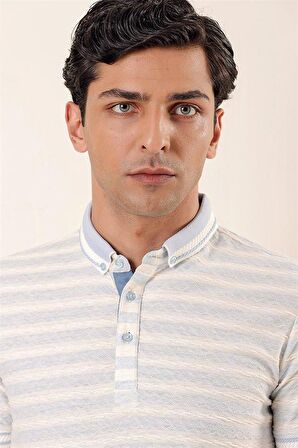 Kısa Kollu Çizgili JakarlıGarnili Pamuklu Casual Slim Fit T-Shirt 1011230159 Koyu Mavi