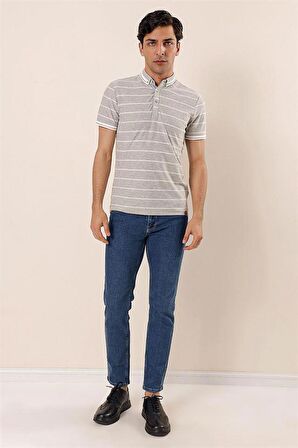 Kısa Kollu Çizgili ArmürlüPamuklu Casual Slim Fit Dar Kesim T-Shirt 1011230167 Gri