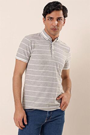 Kısa Kollu Çizgili ArmürlüPamuklu Casual Slim Fit Dar Kesim T-Shirt 1011230167 Gri