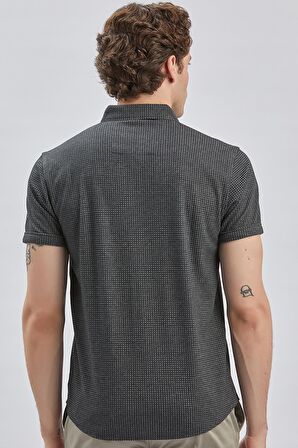 Siyah Desenli Jakarlı Düğmeli Yaka Pamuklu Likralı Casual Slim Fit Dar Kesim Tişört 1011240150