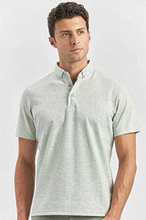 Açık Yeşil Desenli Jakarlı Düğmeli Yaka Pamuklu Likralı Casual Slim Fit Dar Kesim Tişört 1011240153