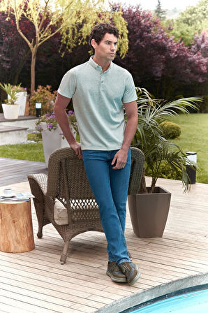 Açık Yeşil Desenli Jakarlı Düğmeli Yaka Pamuklu Likralı Casual Slim Fit Dar Kesim Tişört 1011240153